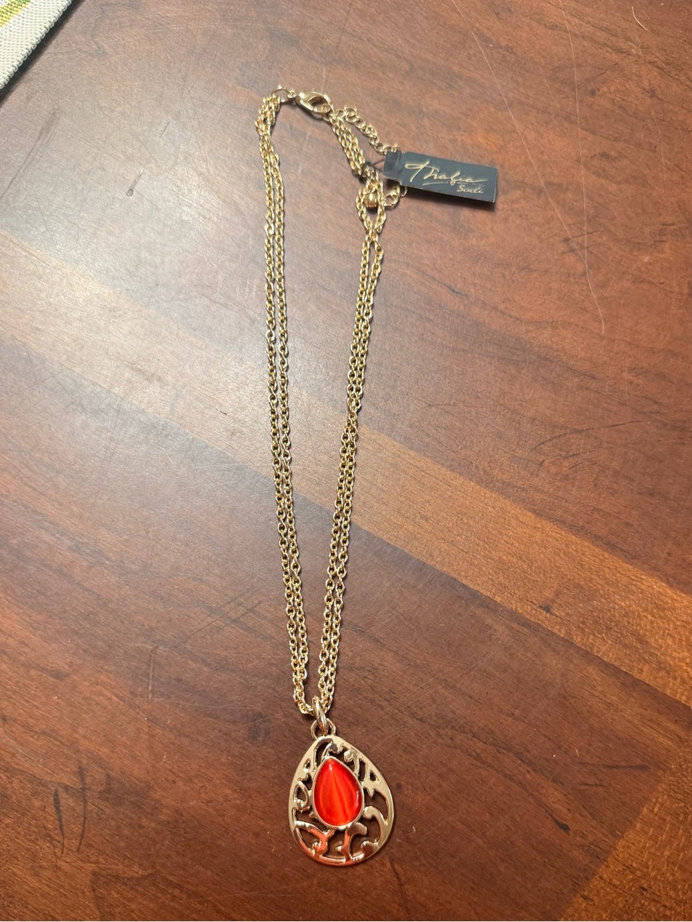 Trifari Gold-Tone Necklace with Red/Orange Teardrop Center
